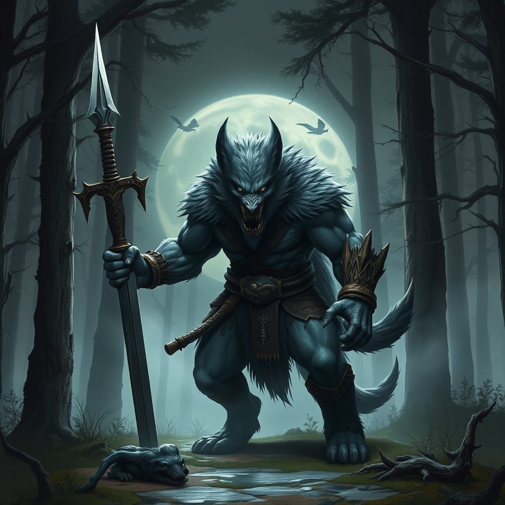 Epic Fantasy Warrior: Muscular Werewolf with Demon Face in D...