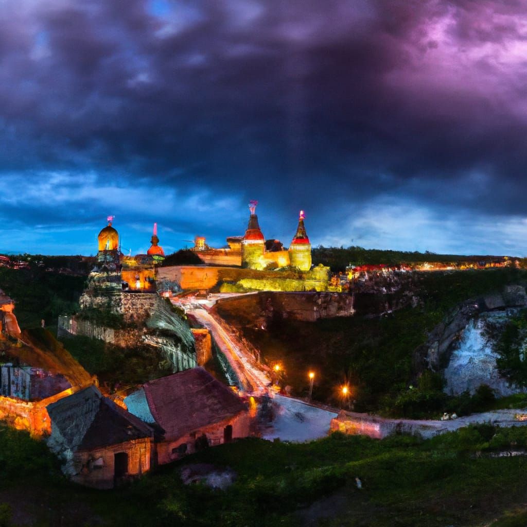 Nighttime Cityscape of Kamianets-Podilskyi with Stormy Cloud...