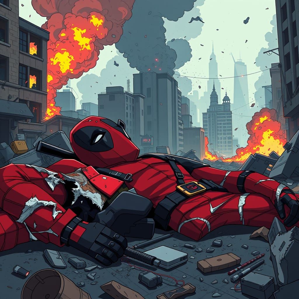 Deadpool Falls in a Ruined Cityscape in Vibrant Anime Style