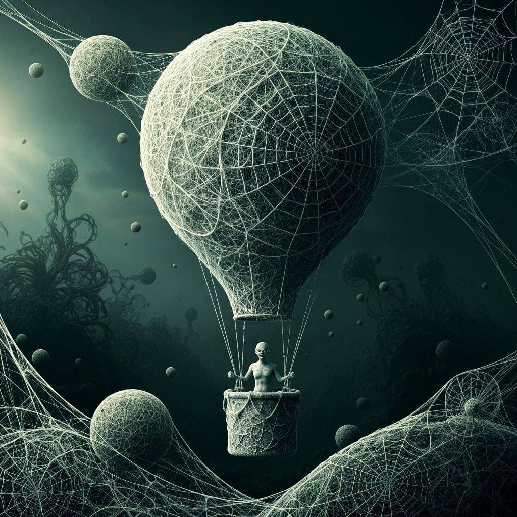 Surreal Spiderweb Balloon in Dark Landscape