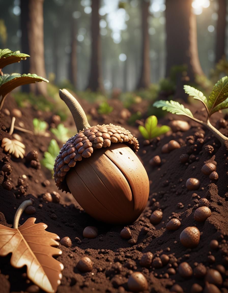 Single Acorn in Soil: 3D Game Cinematic Graphics