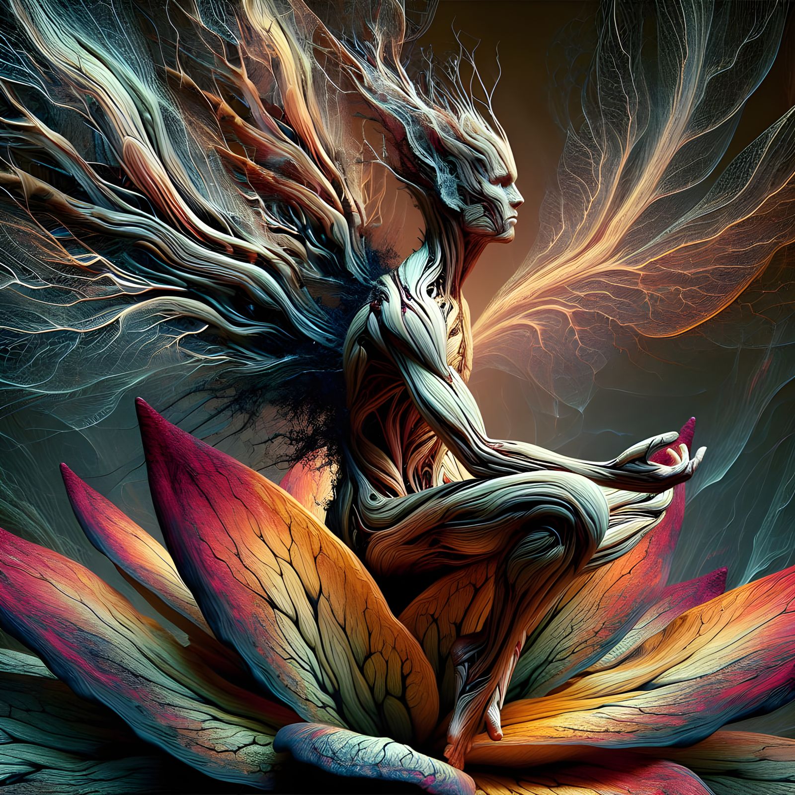 Ethereal Tree-Like Humanoid on Oversized Flower