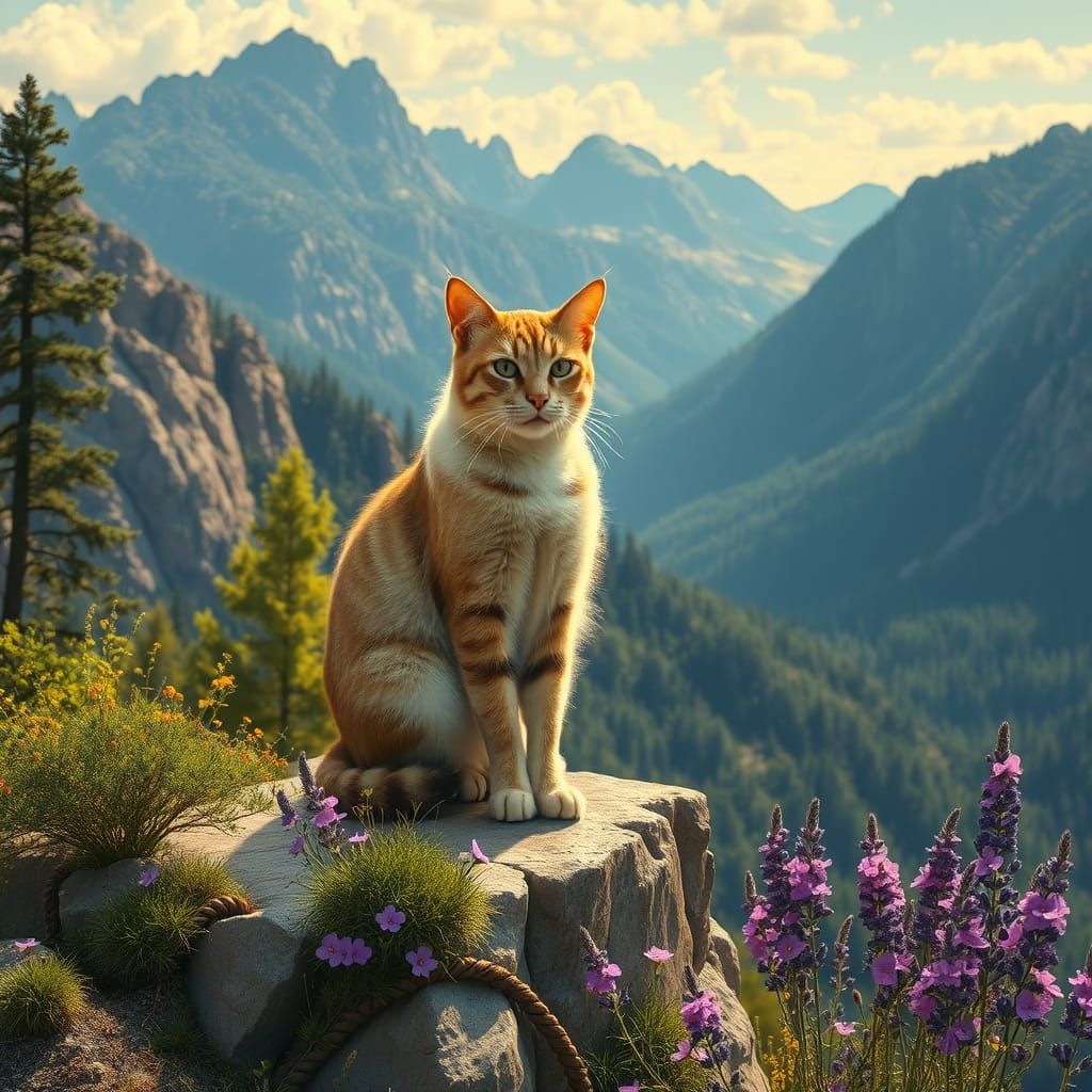 Cat on Mountain Ledge in Art Nouveau Style