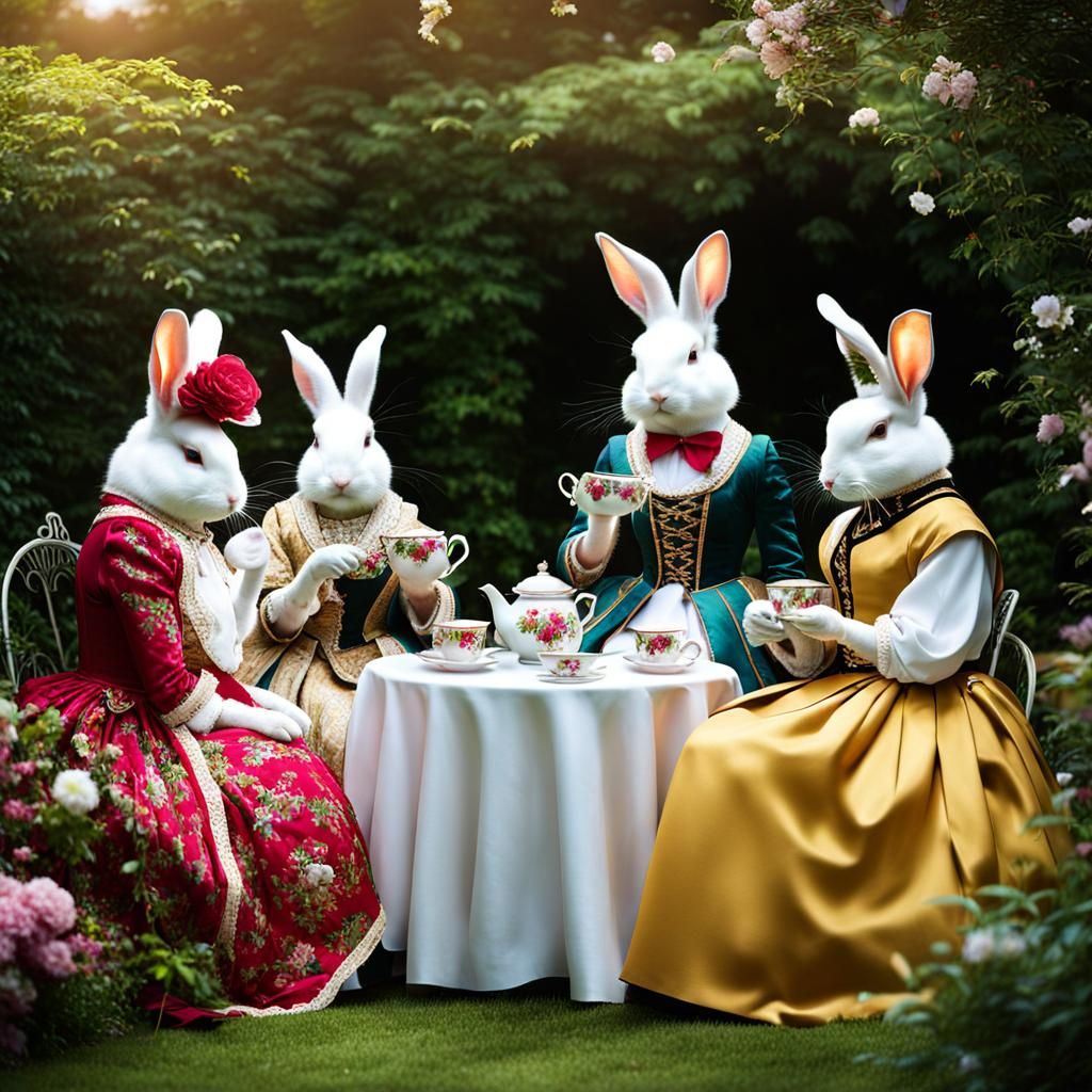 Elegant Rabbits Tea Party in a Garden