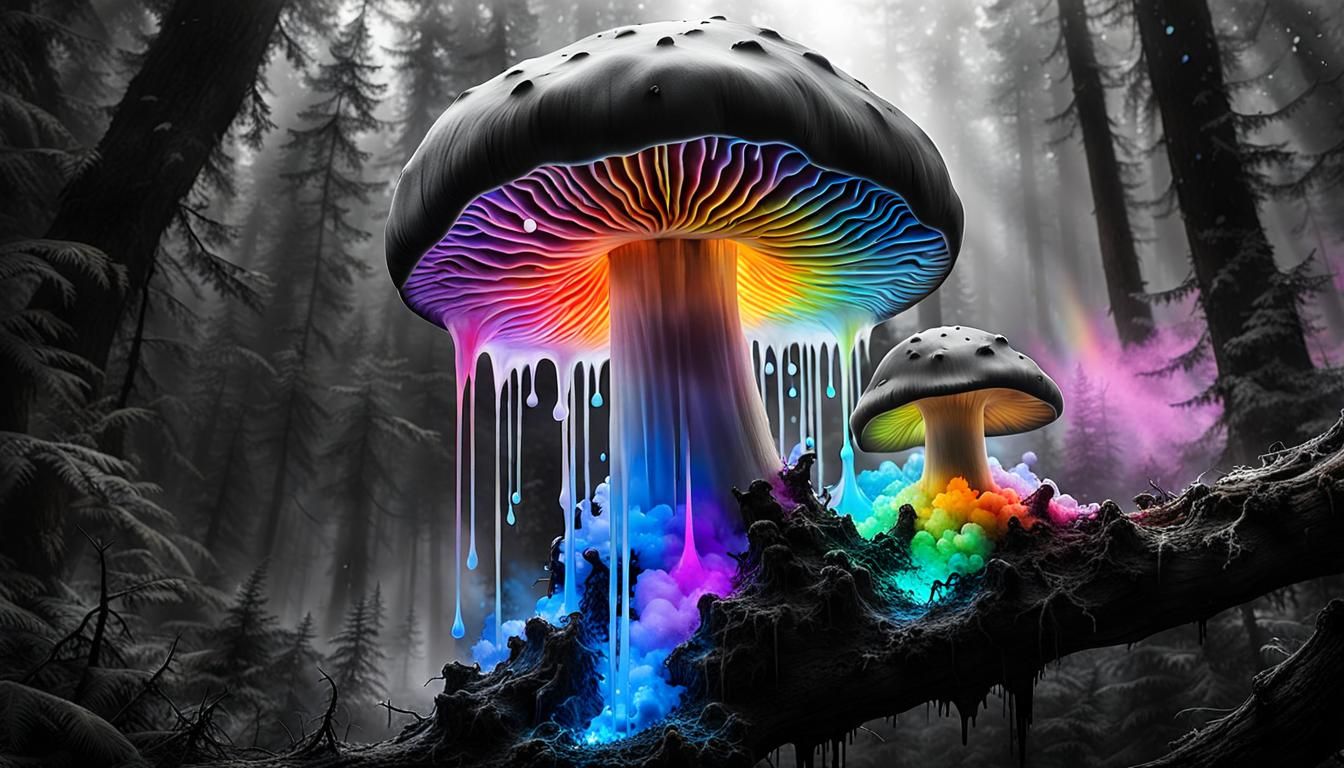 Bioluminescent Rainbow Slime on Grey Mushrooms: Colour Splas...