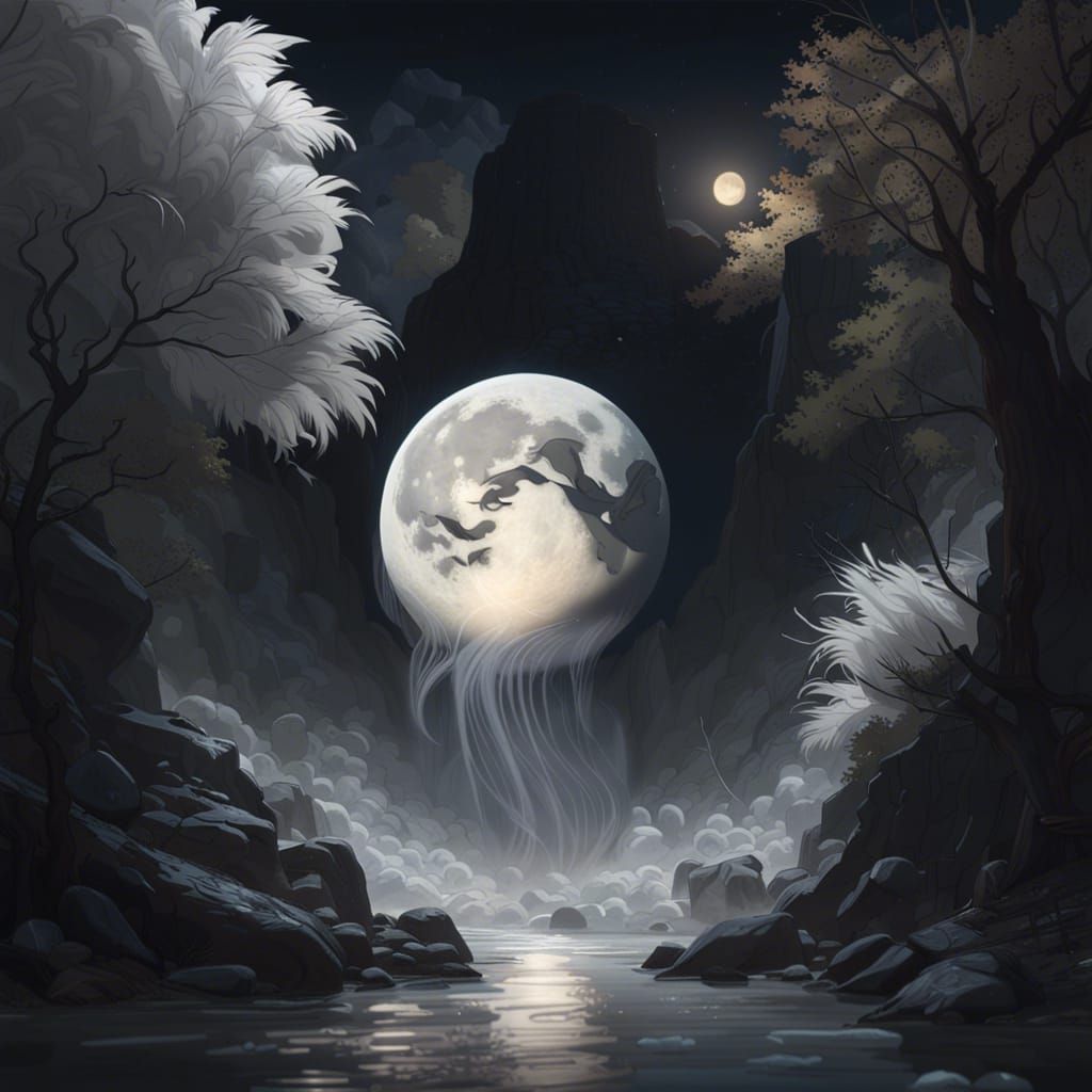 Giant Moon Over Rushing River in Fantasy Art