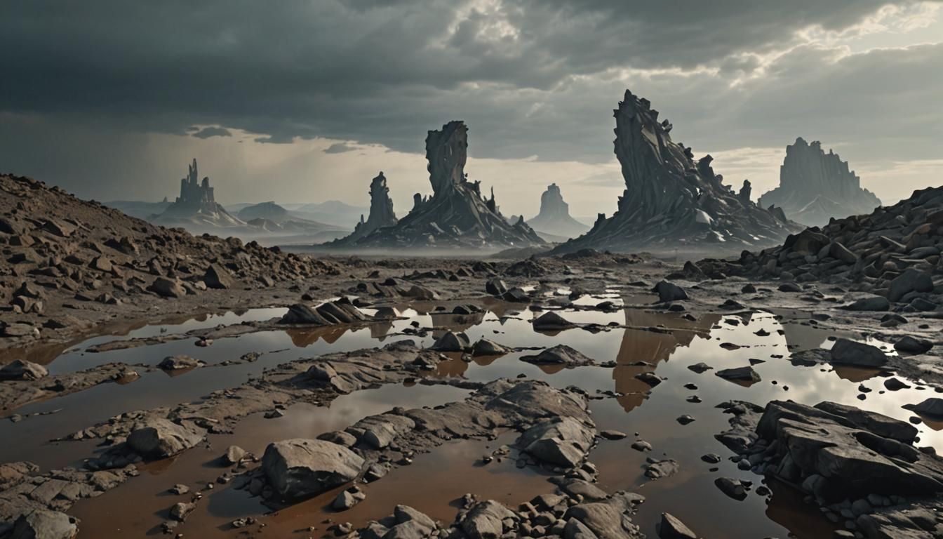 Surreal Desolate Landscape with Melting Rocks
