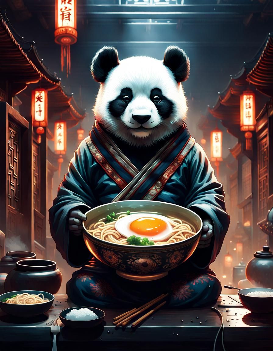 Cyberpunk Panda with Ramen Bowl in Monastery