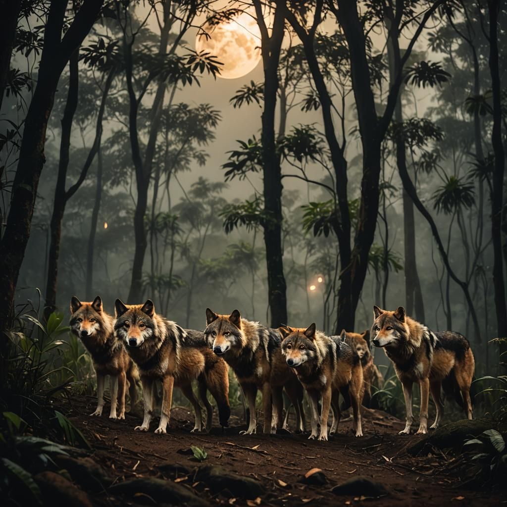 Wolf Pack Roaming Jungle Under Full Moon