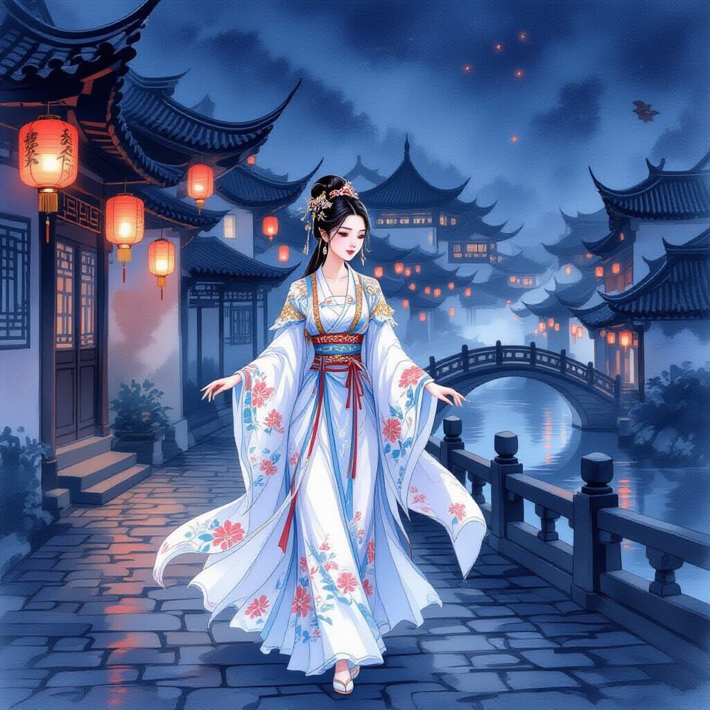 Woman in Hanfu Strolls Through Ancient City