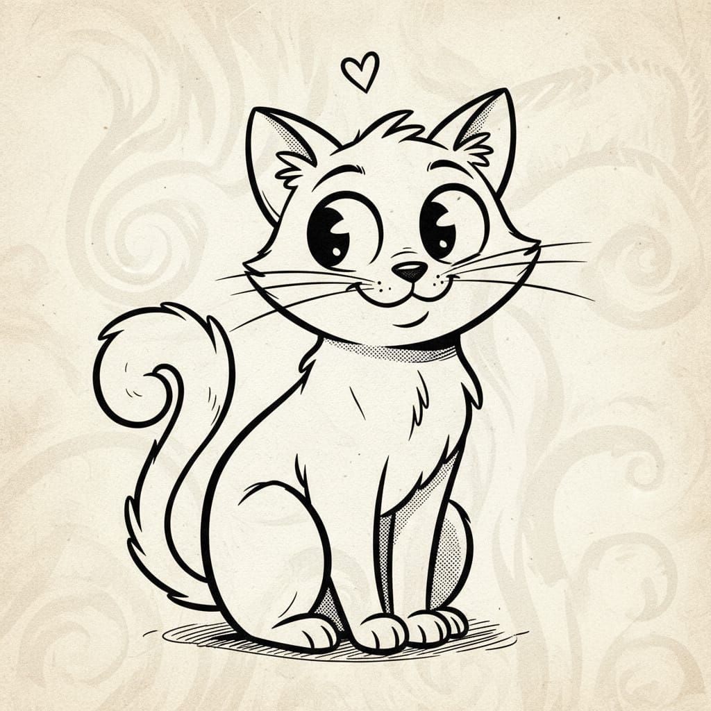 Cute Cartoon Cat in Black and White Line Art