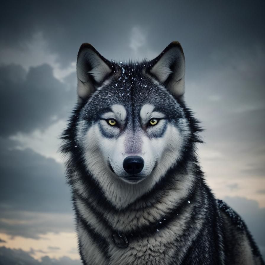 Hyper-Realistic Wolf Portrait with Piercing Blue Eyes