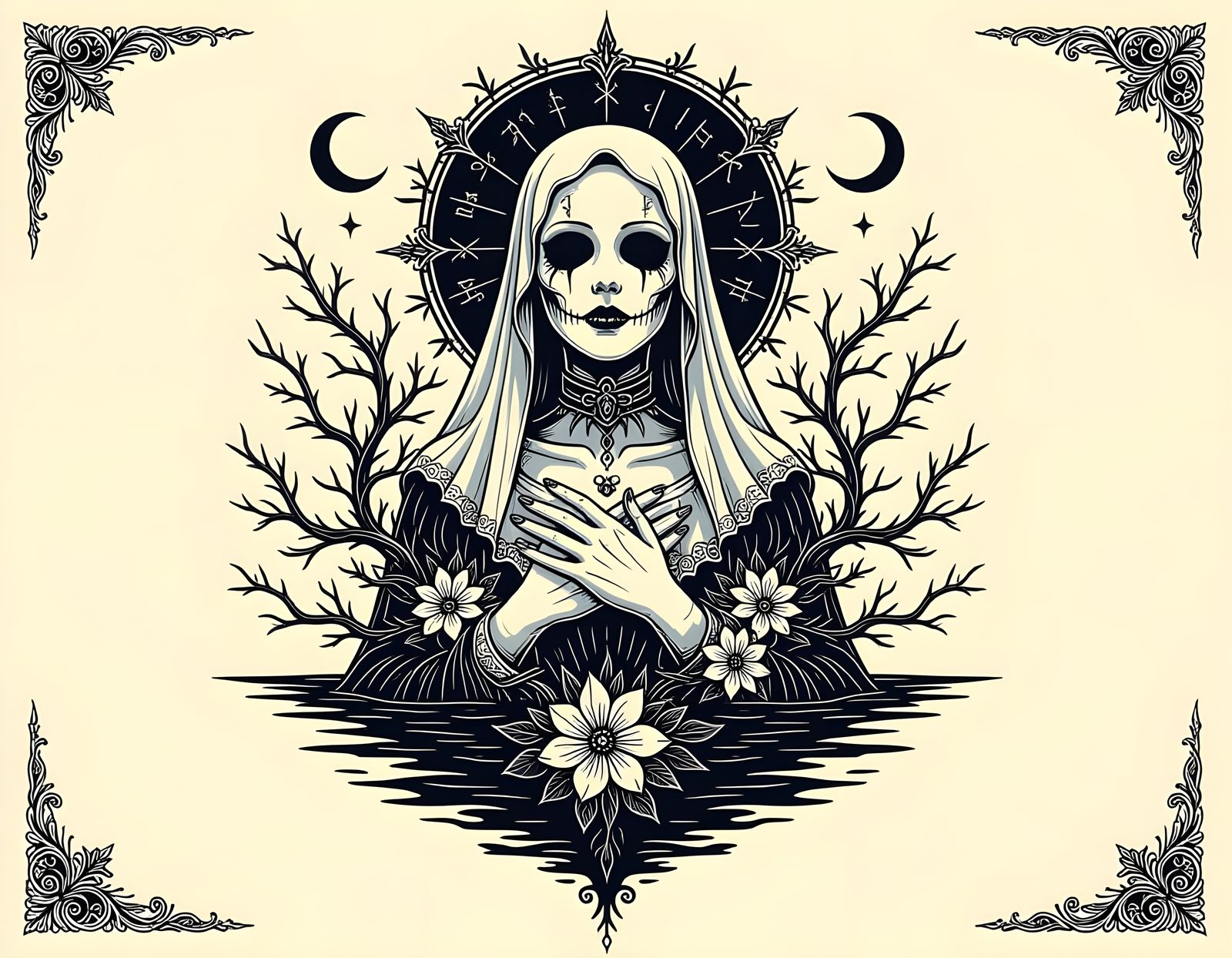 Ghost Bride with Shattered Face Above Dark Ocean