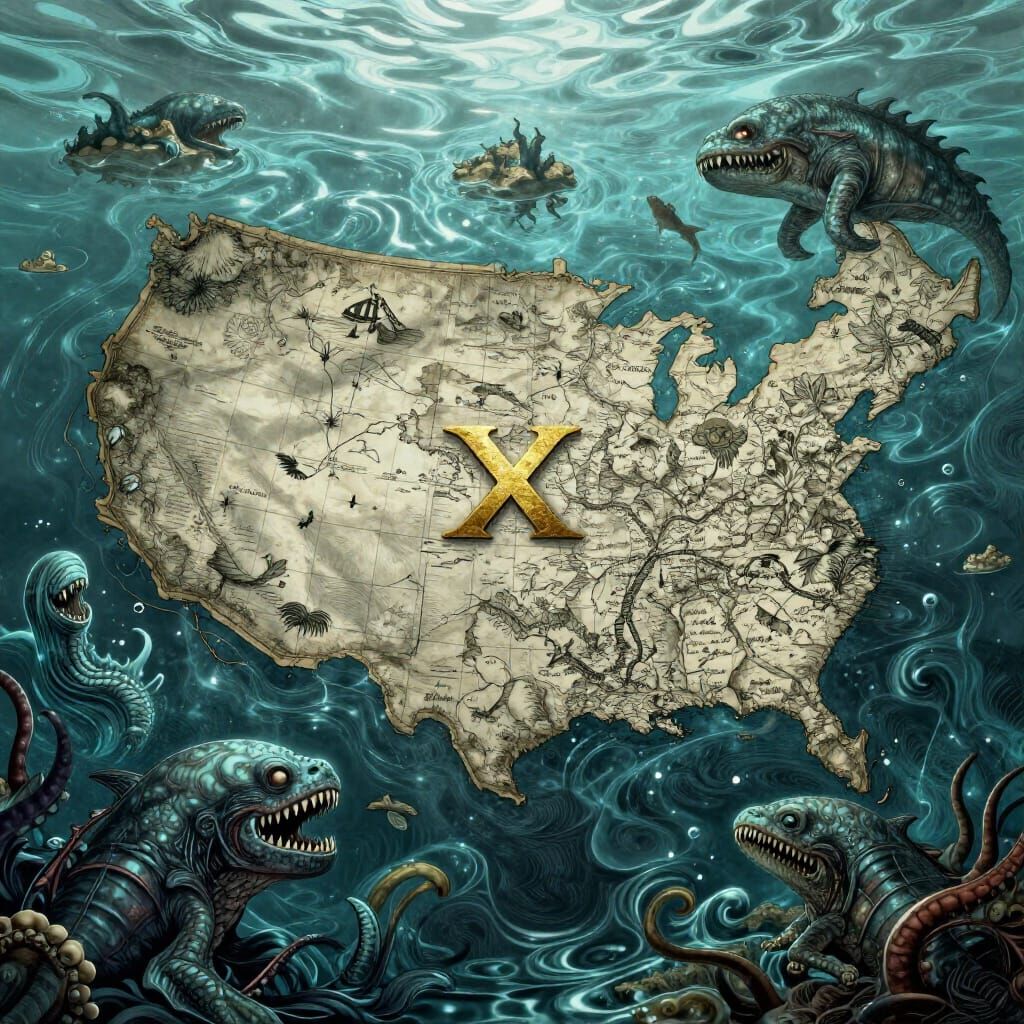 Intricate Water Pirate Map with Sea Monsters and Golden X