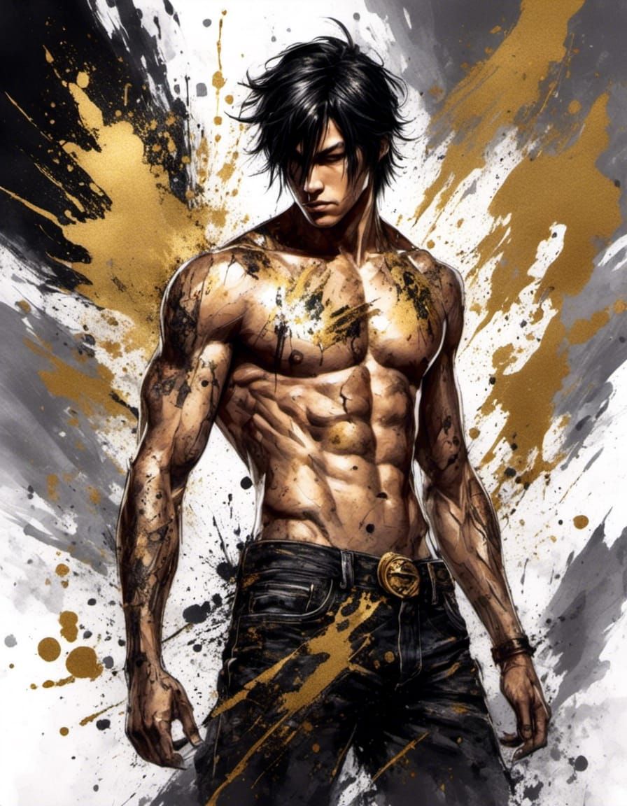 Dynamic Watercolor of Man with Gold Brocade