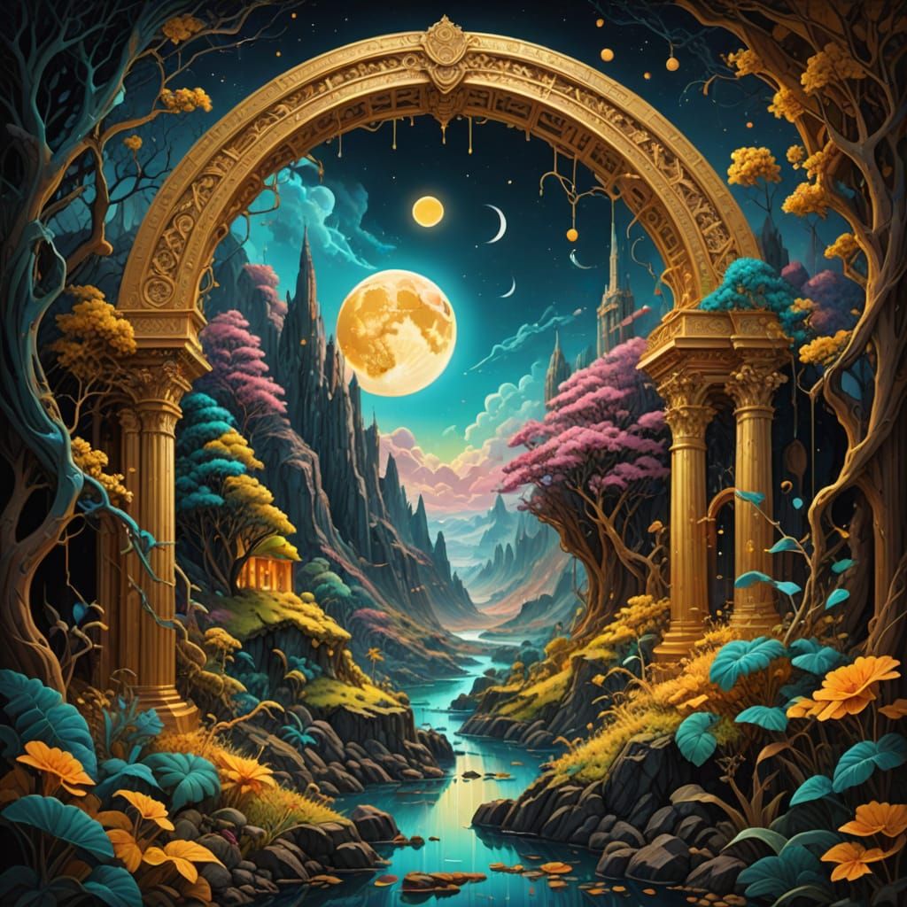 "Strange golden arch glow gold ration moon in golden ratio",...