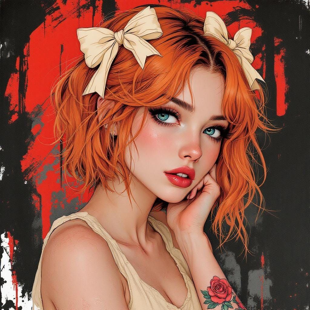 Emo Girl with Rose Tattoo: Mixed Media Portrait