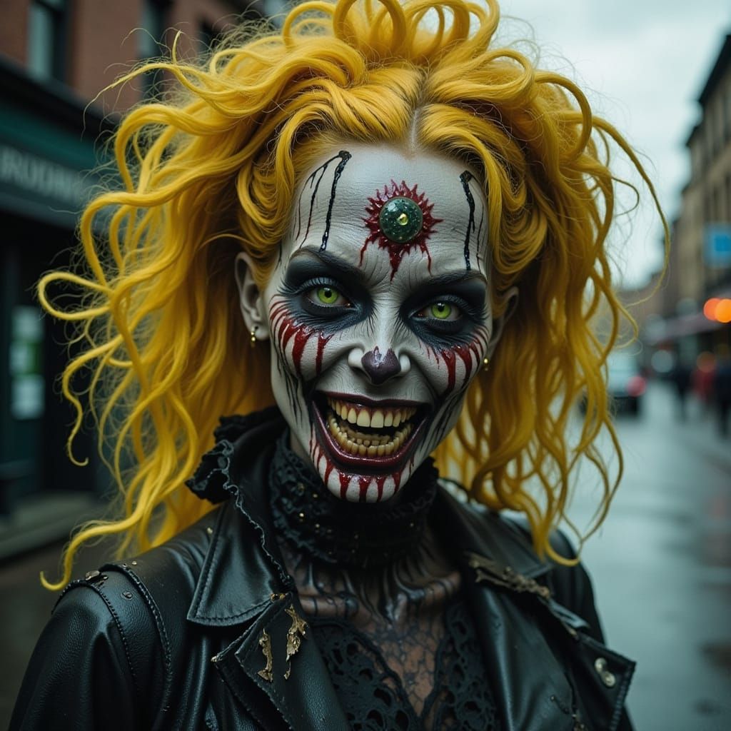 Creepy Woman with Green Eyes and Yellow Hair on Road