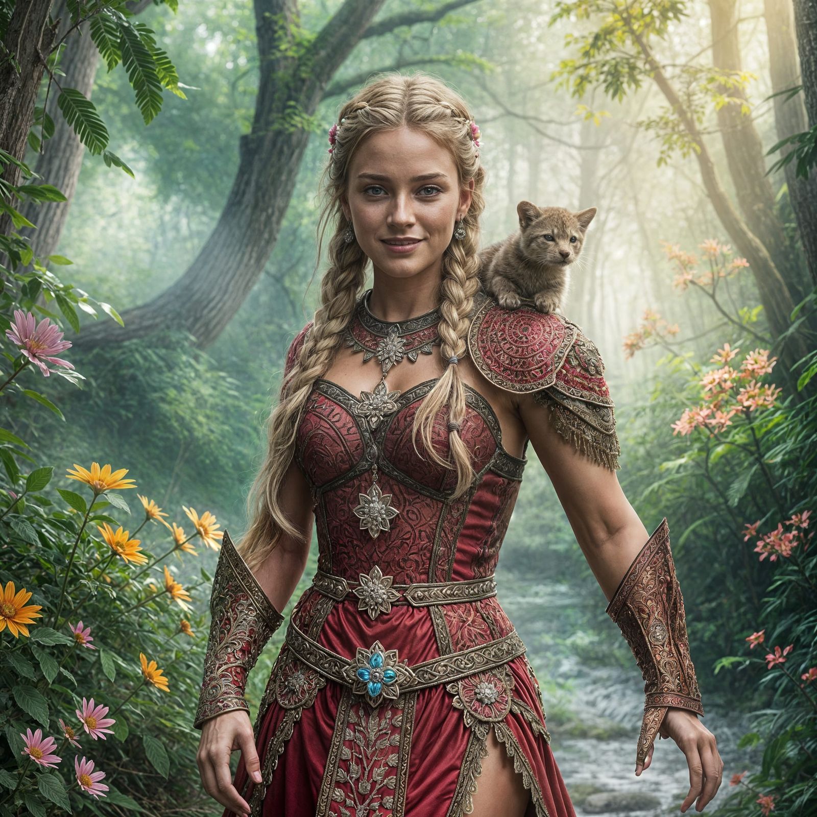 Warrior Princess with Furry Friend in Enchanted Forest