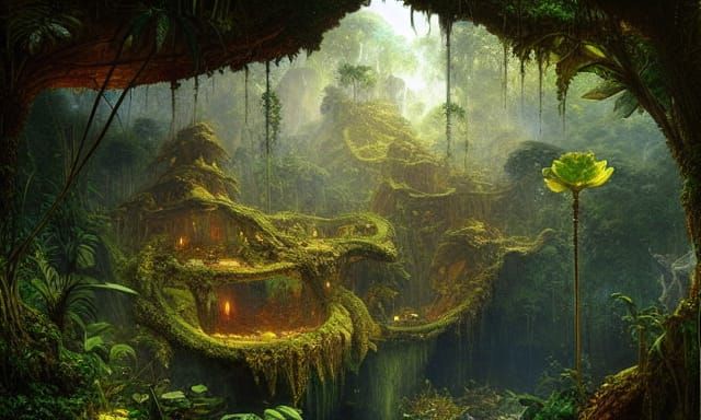Ancient Jungle Village in Surreal Style