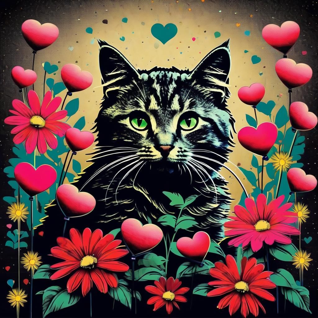 Cat Surrounded by Flowers in Banksy Style