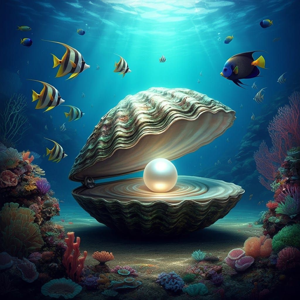 Surreal Oyster and Pearl in Bioluminescent Ocean