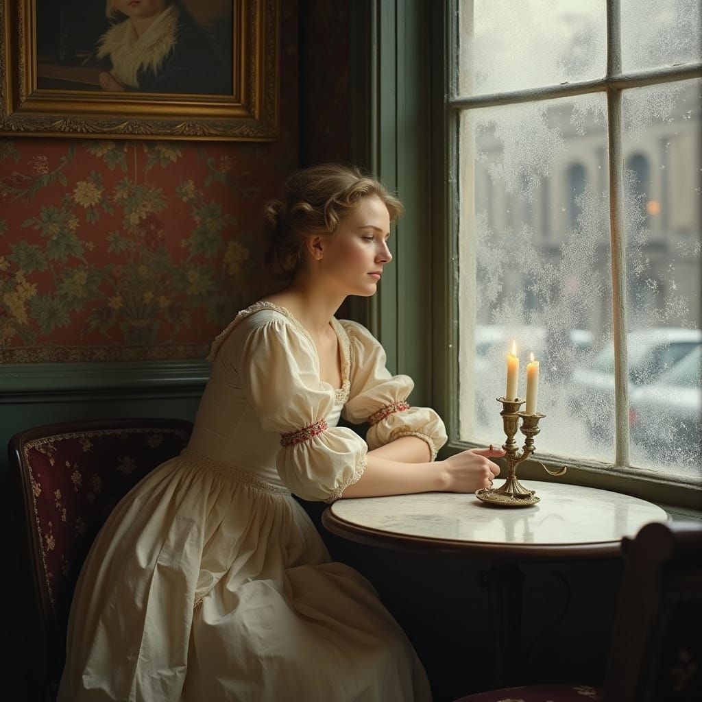 A Serene Woman in 18th-Century Parisian Bistro Setting
