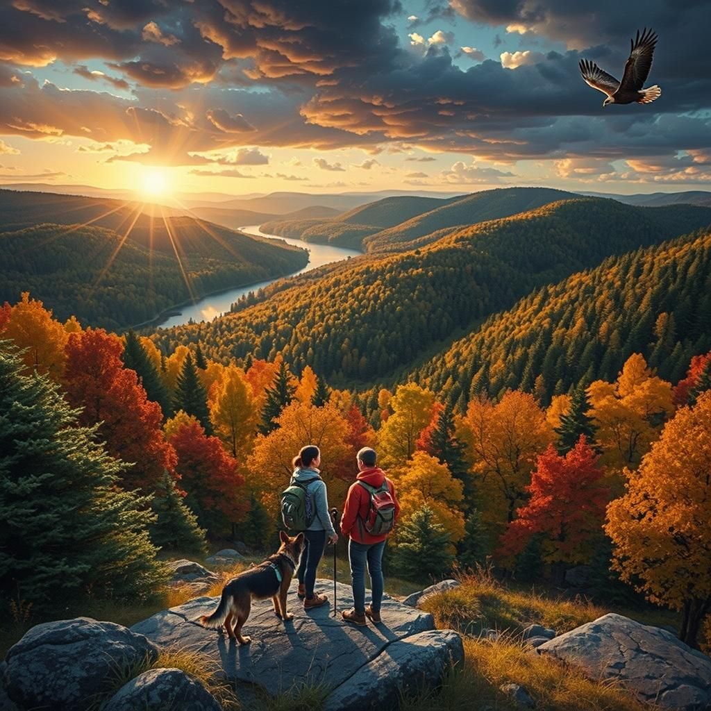Female Hiker and Dog Admire Autumn Forest