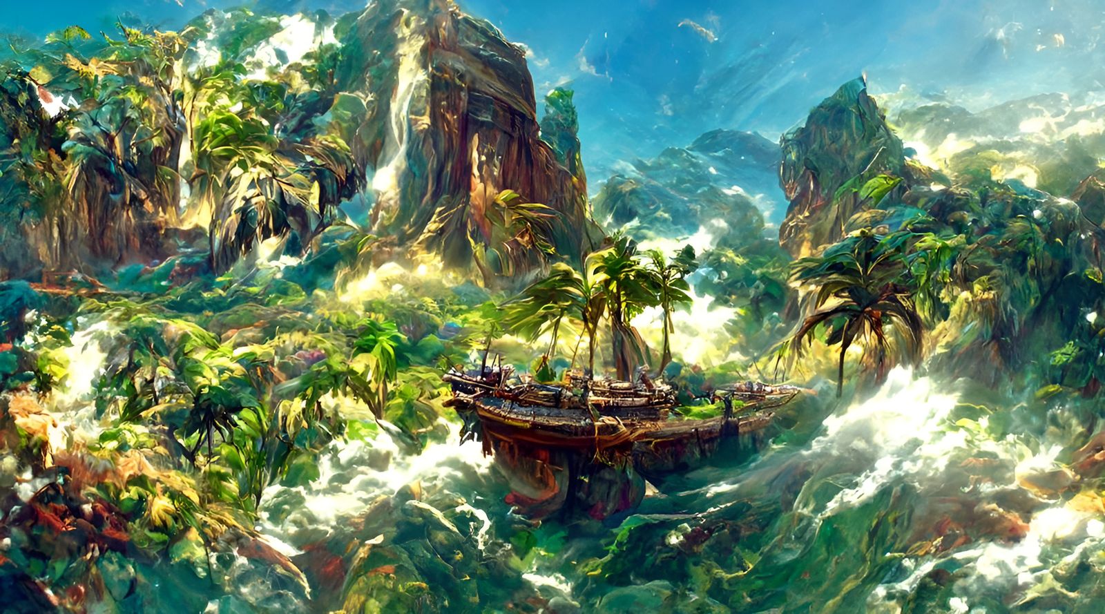 Galleon in Tropical Cove: Detailed Digital Illustration