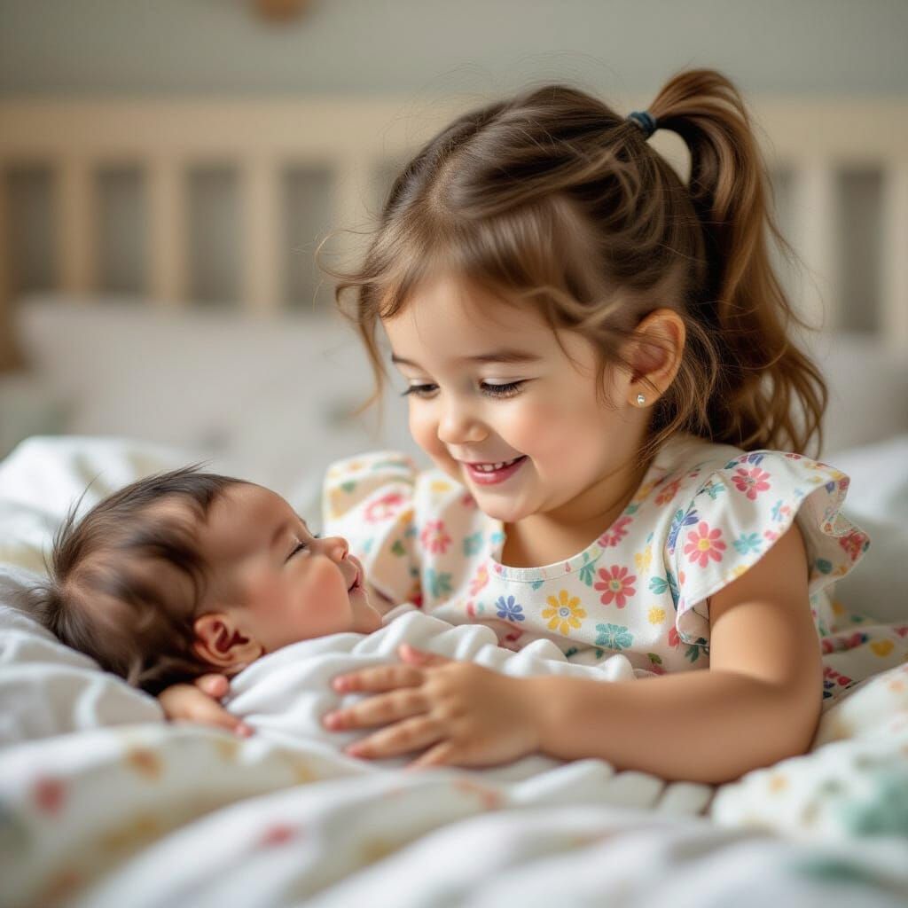 Girl Admires Newborn Brother: Vibrant Color Portrait