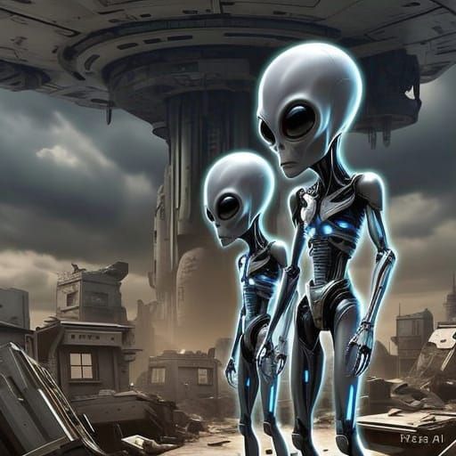 Grey Aliens Overlooking Enslaved Humanity in a Post-Apocalyp...