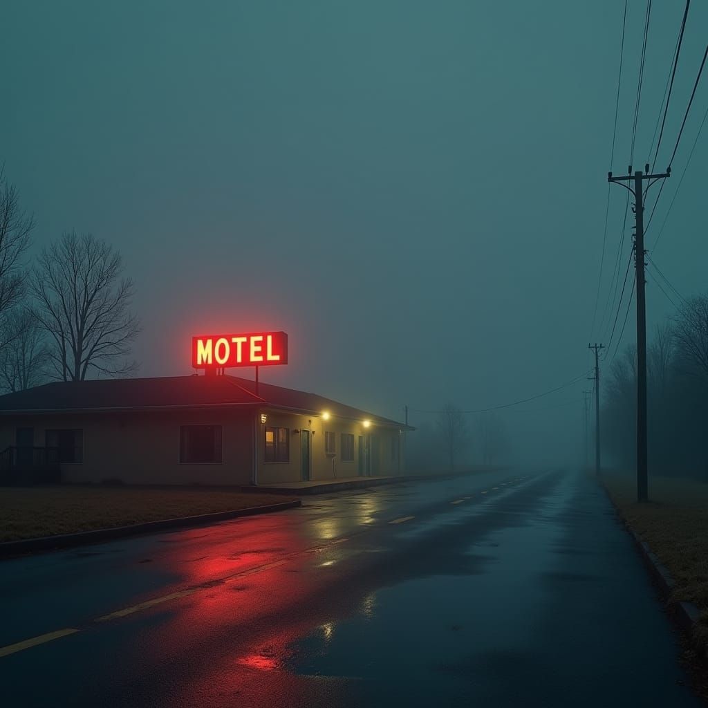 Eerie Motel in Fog-Shrouded Village at Night