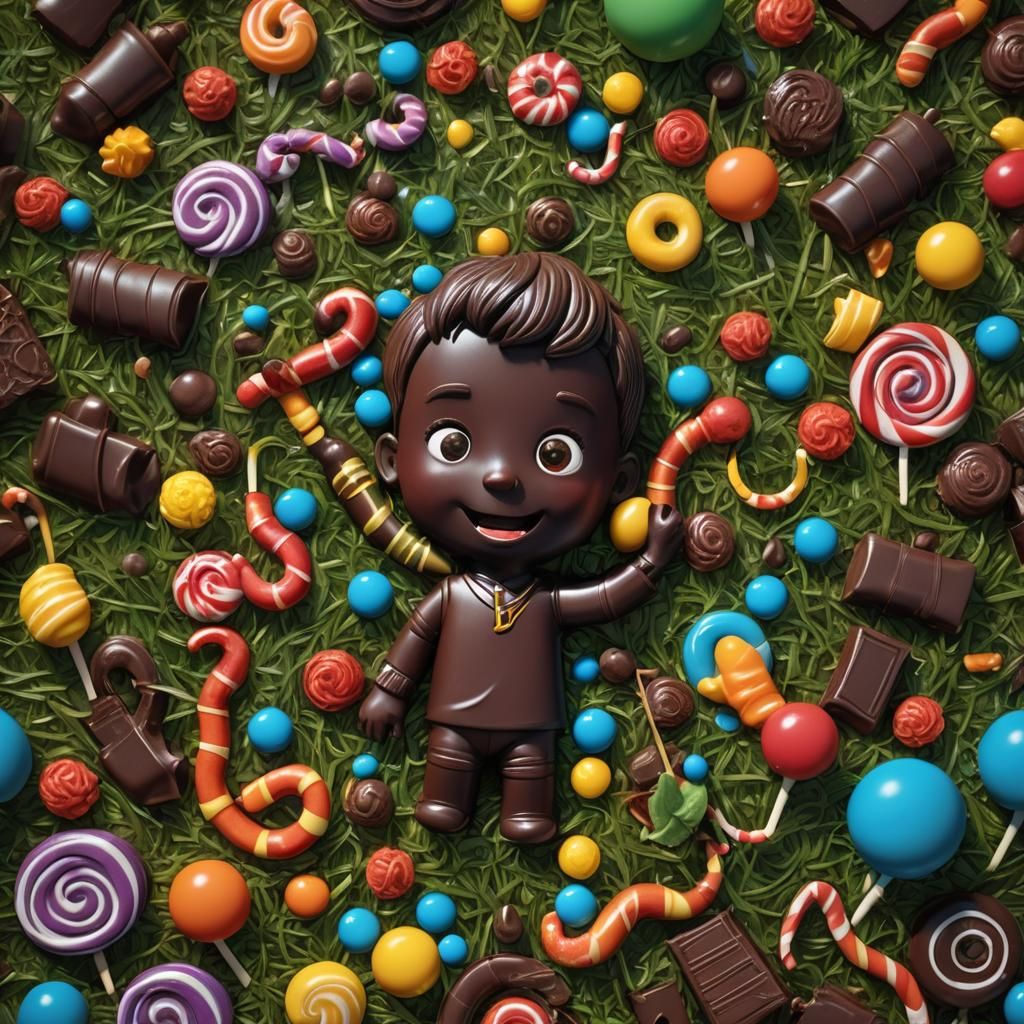 Chocolate Boy Surrounded by Candy, Detailed Matte Painting