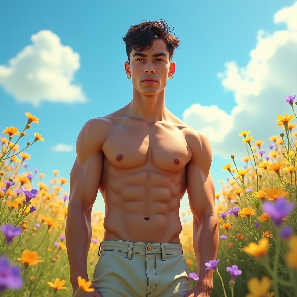 Confident Young Man in Sunny Meadow Portrait