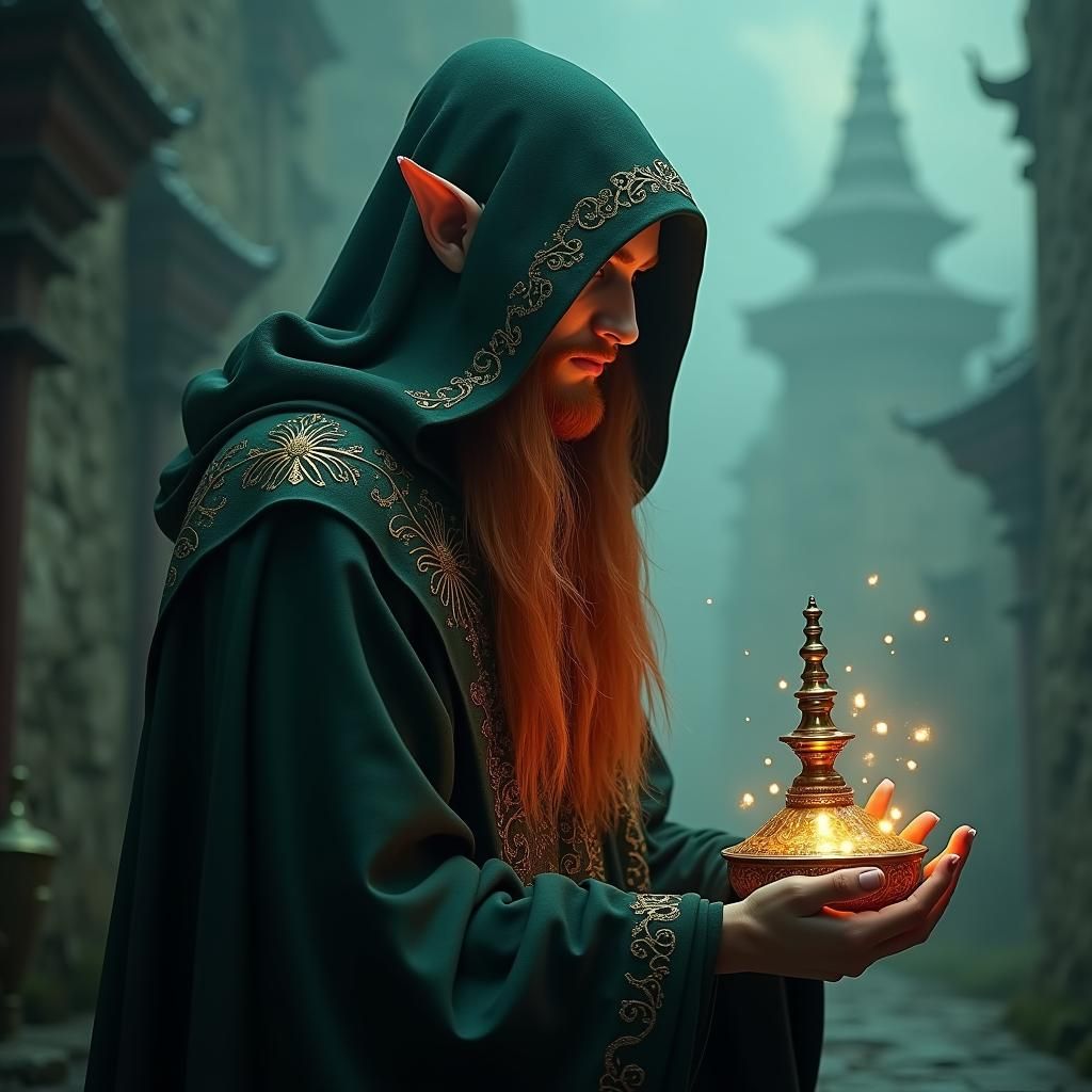 Redhead Elf Sorcerer with Magic Lamp, Fantasy Art