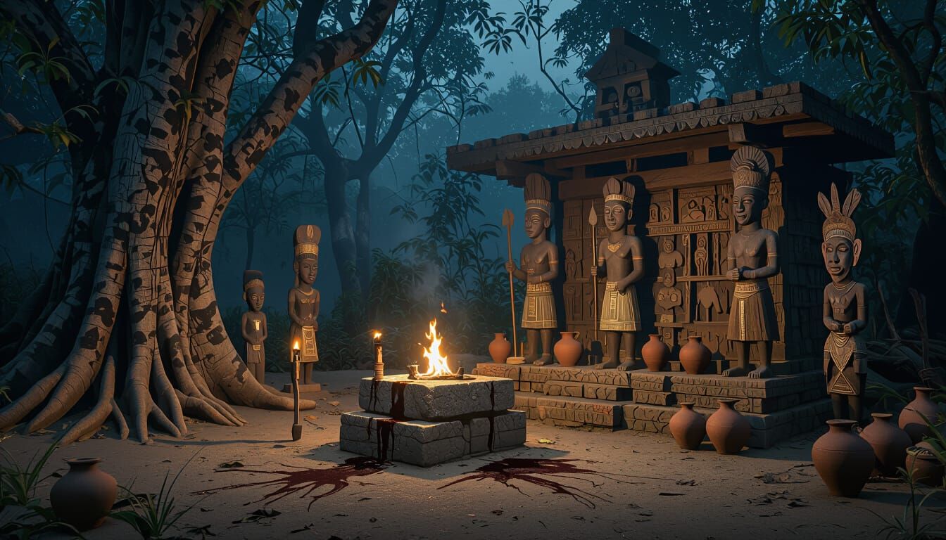 Sacred Igbo Shrine in Ancient Forest at Night