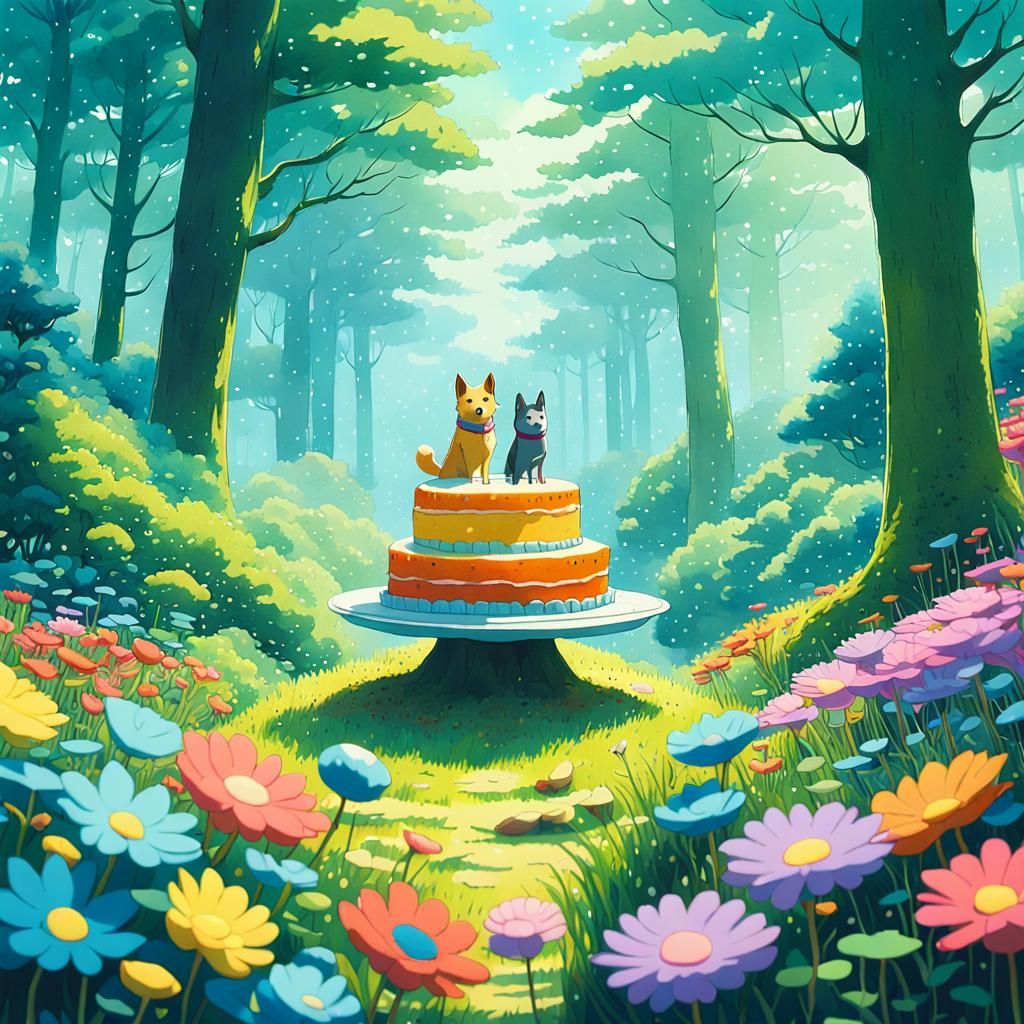 Anime Cake Dog in Forest: Key Visual