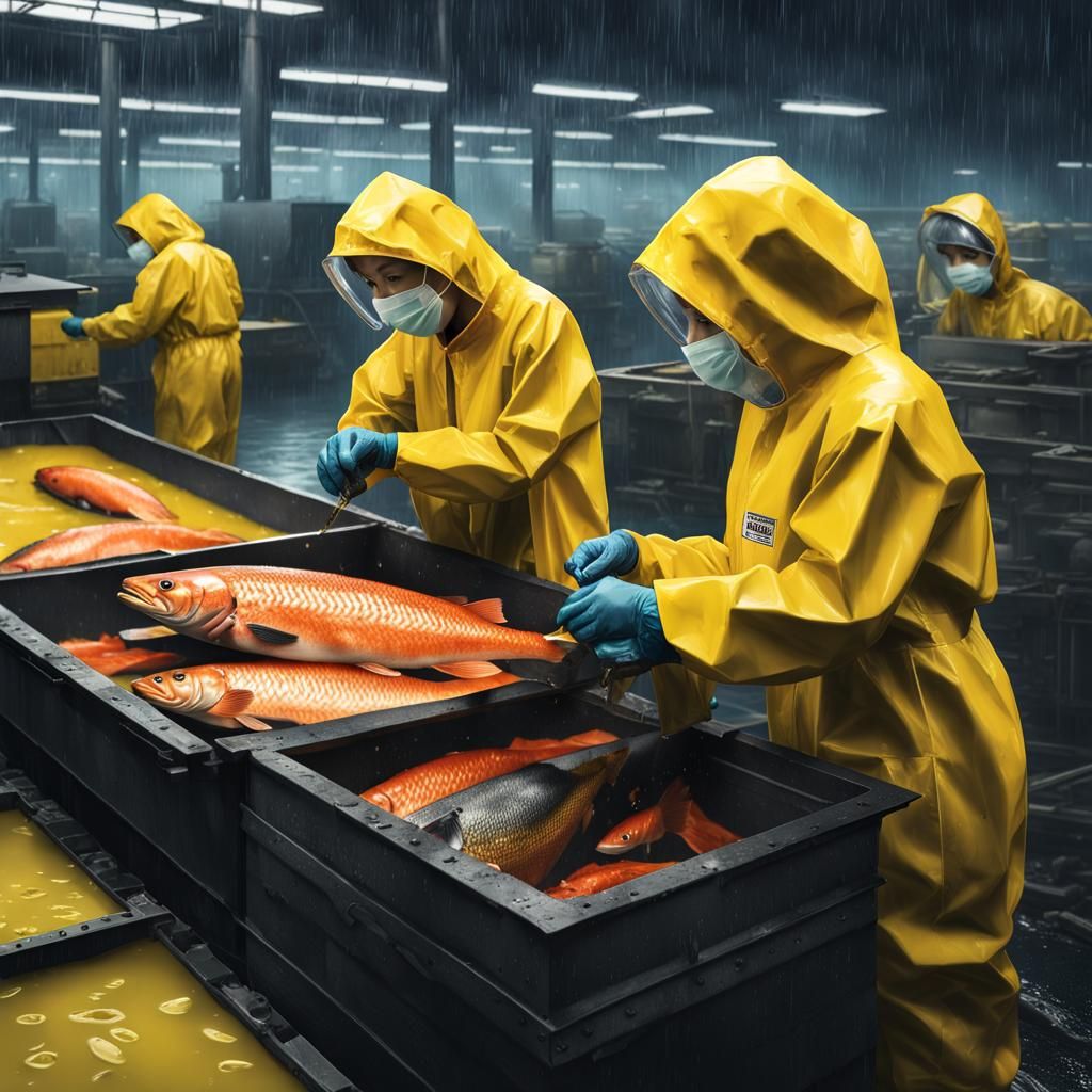 Salmon Factory Workers in Yellow Rainsuits: 8k Digital Art