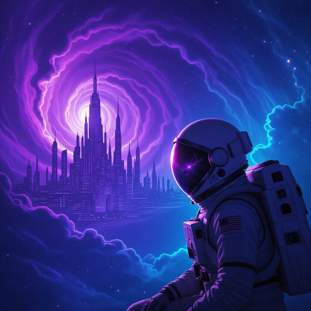 Astronaut Adrift in Cosmic Nebula, Alien City Reflection