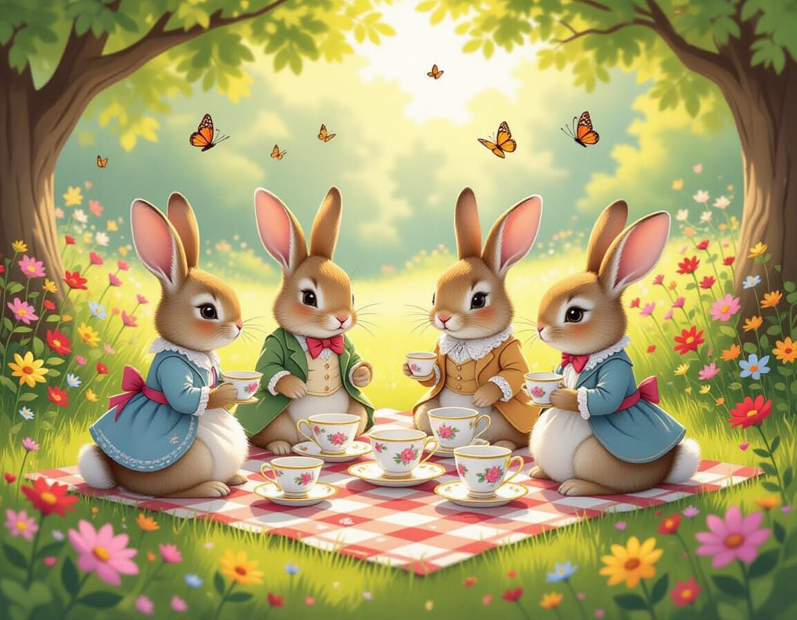 Victorian Rabbits Tea Party in Sun-Dappled Garden