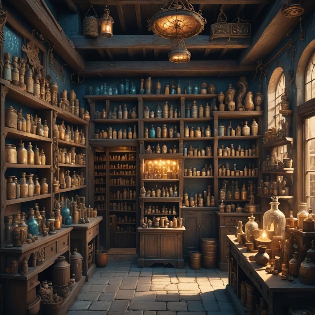 Mysterious Apothecary Shop in Matte Painting Style