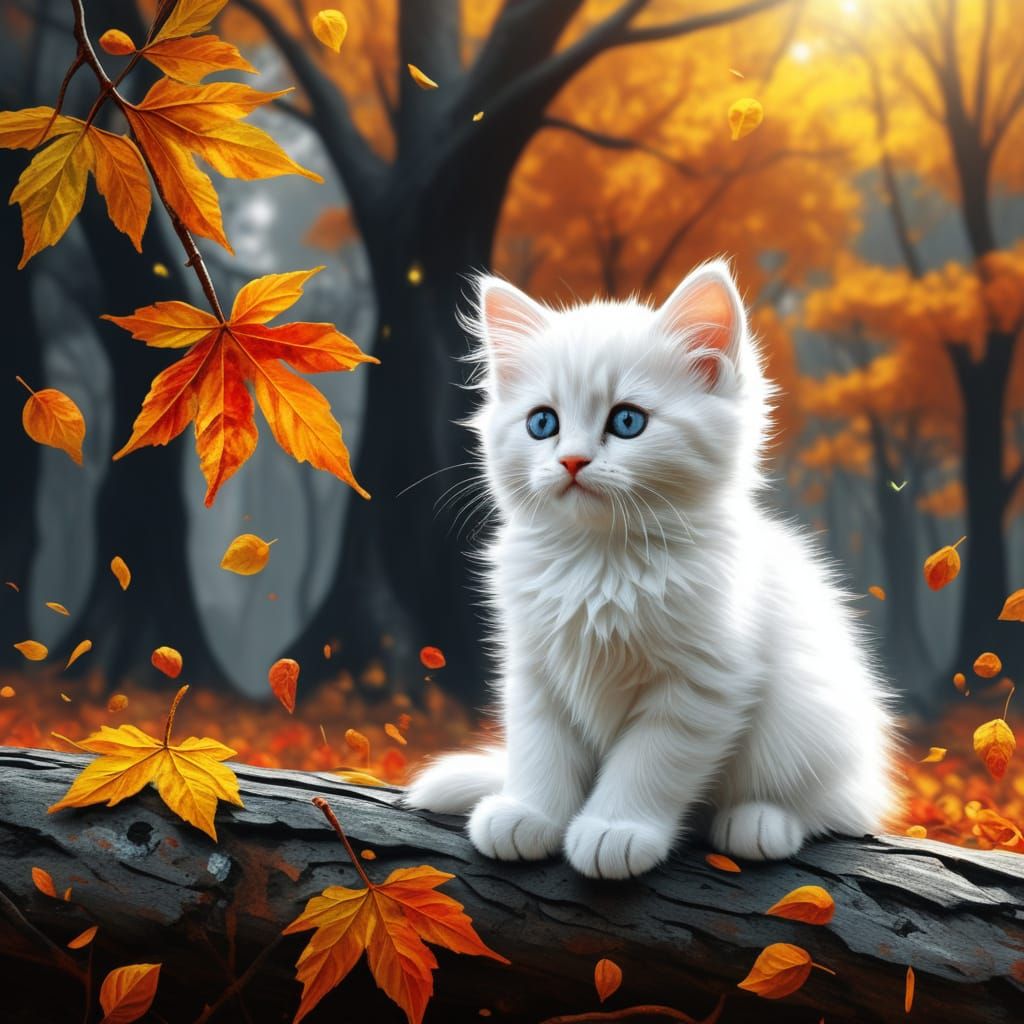 Ethereal Kitten on Autumn Tree in Pastel and Charcoal Style