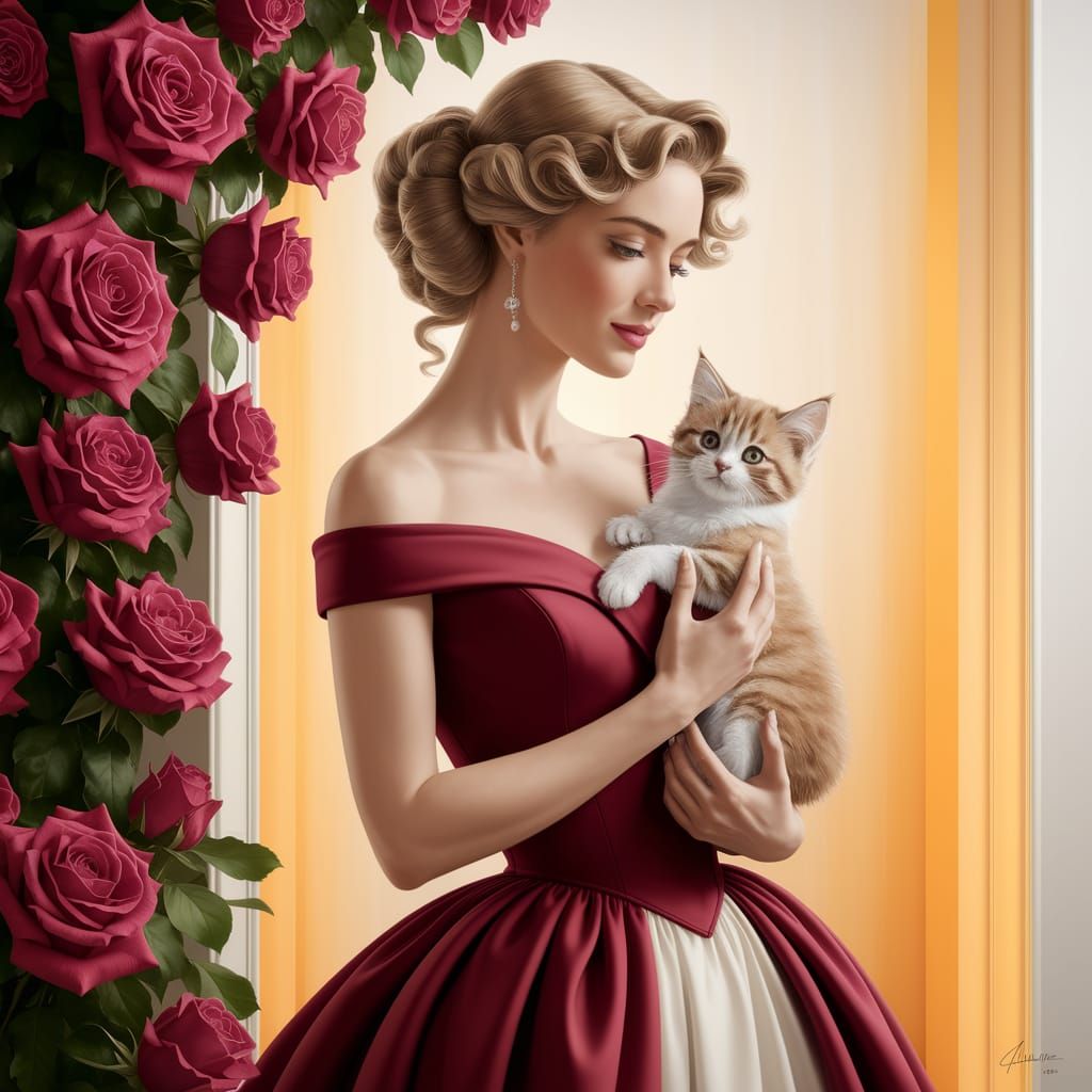 Elegant Woman with Kitten in Acrylic Painting