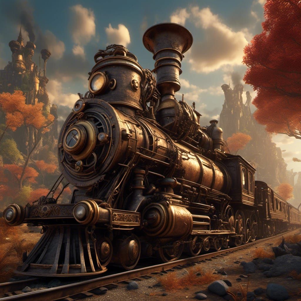 Steampunk Engine in a Cinematic Fantasy Landscape