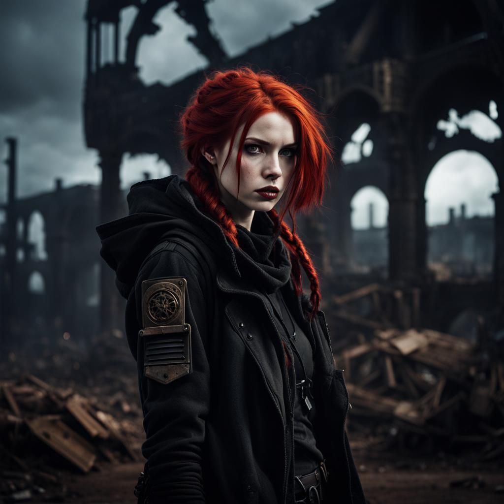 Gothic Redhead in Dystopian World: Grimdark Cinematic Art