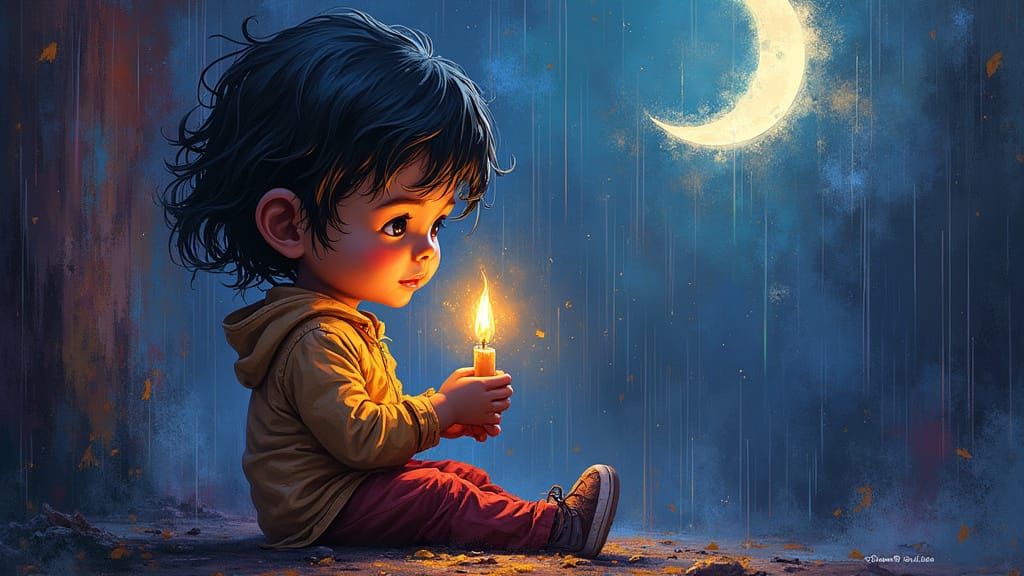 Child Illuminated by Moonlight in a Vibrant Graffiti Scene