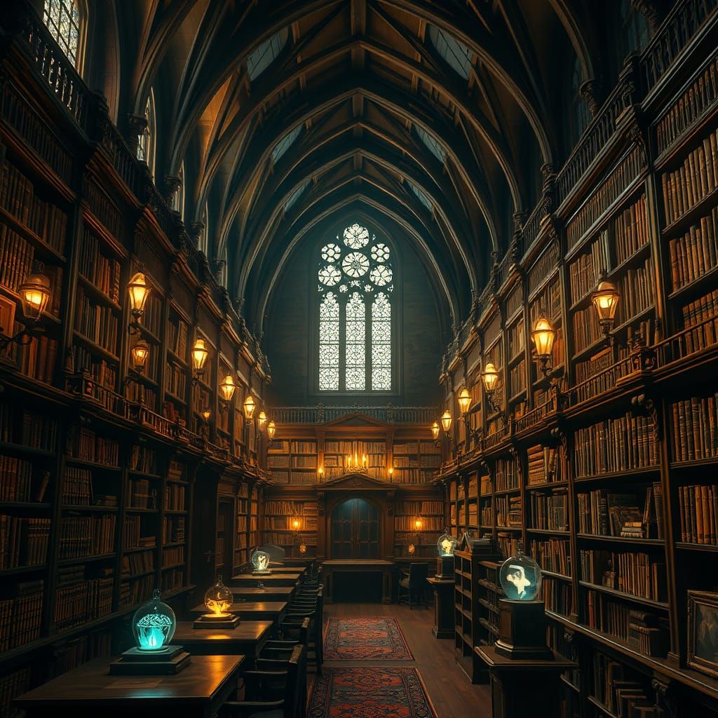 Mystical Library of Ancient Tomes and Glowing Artifacts