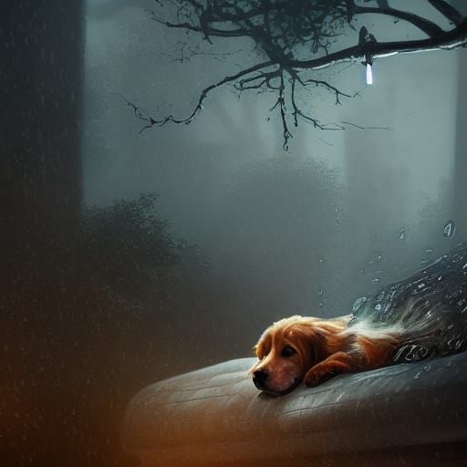 Sad Dog Sleeping in the Rain