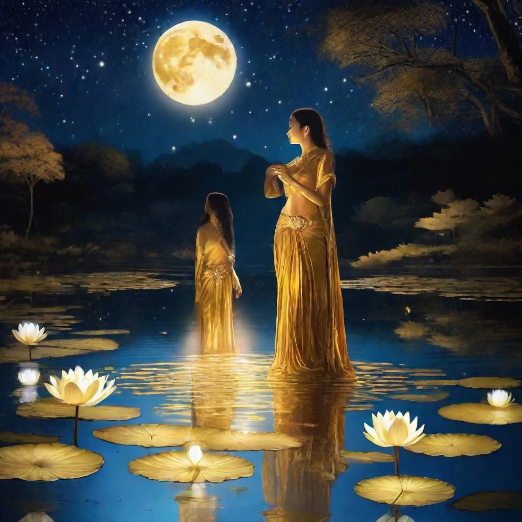 Golden Lotus Flowers Shimmering in Moonlight