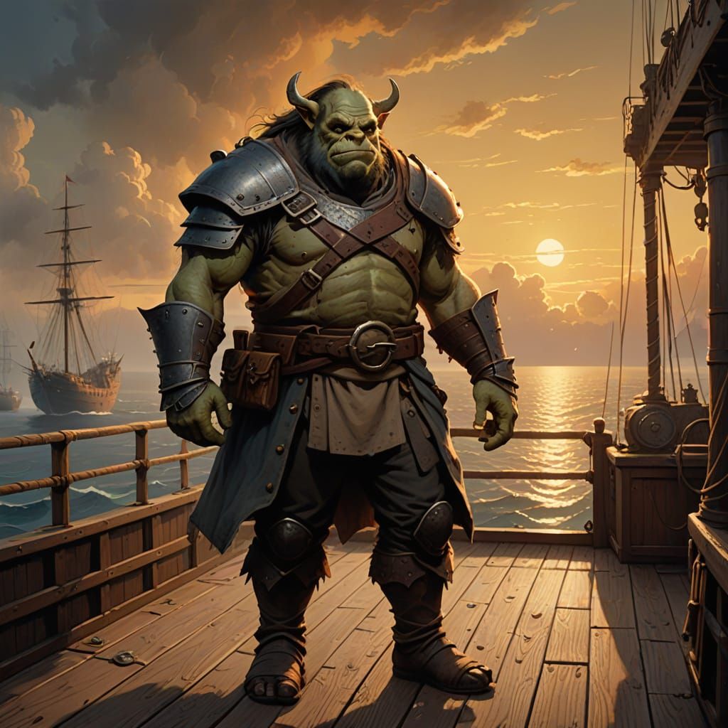 Half-Ogre Seafarer Under Dusky Skies in Fantasy Realism